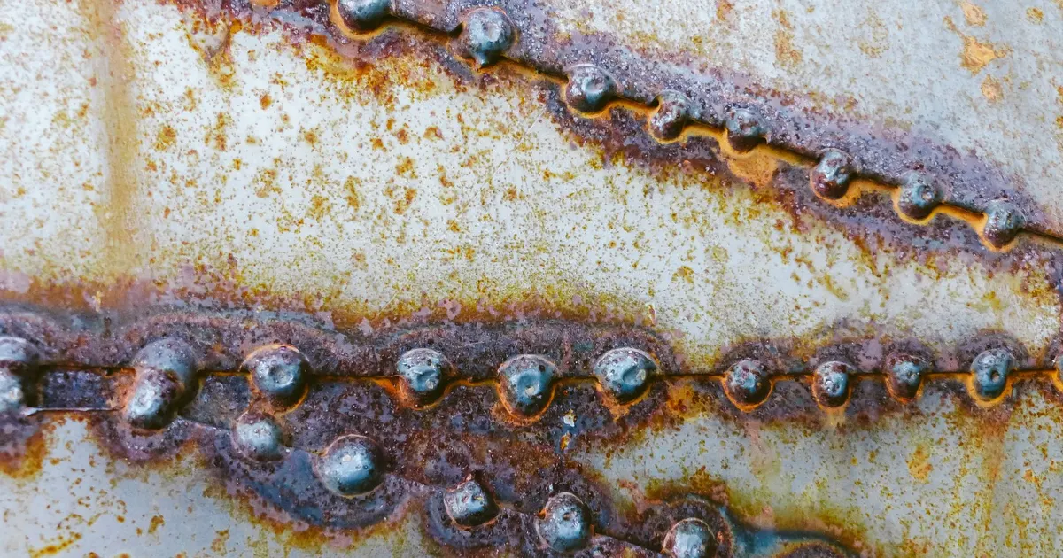 Close-up of weld beads running along a steel plate surface, the kind of joint a full penetration weld machine frame drawing has to describe