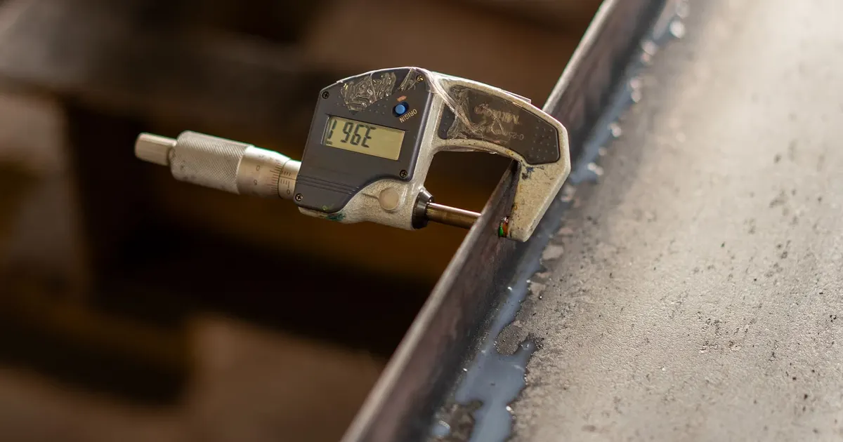 Digital micrometer measuring the thickness of a steel section flange, one of the hand tools used in weldment dimensional inspection